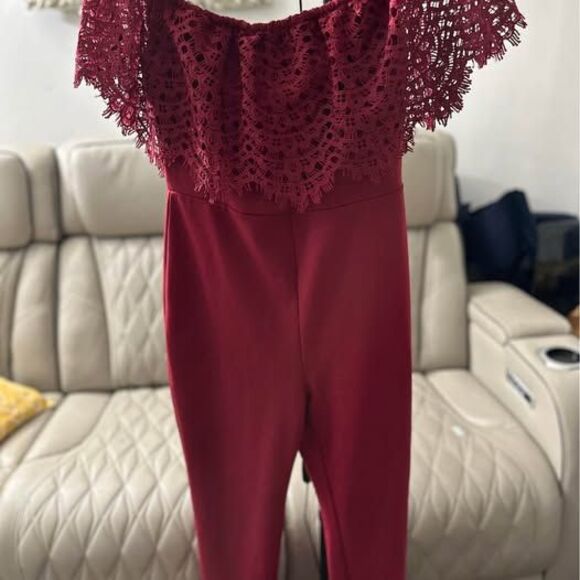 Unbranded Pants - Red Off-the-Shoulder Lace Jumpsuit
